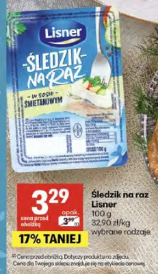 Śledzik na raz Lisner w sosie śmietanowym promocja w Delikatesy Centrum