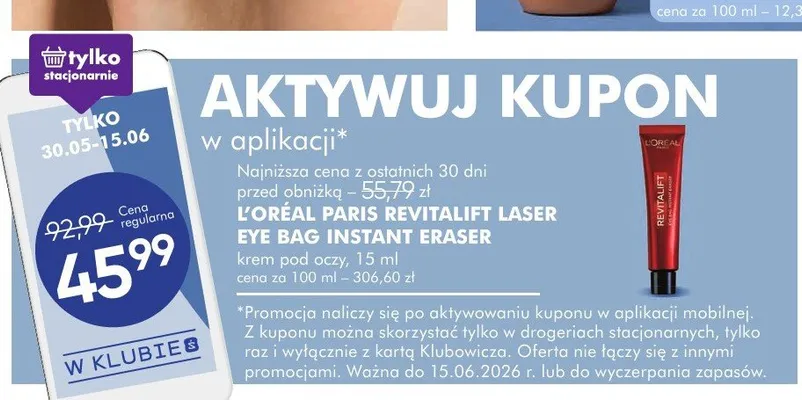 Krem pod oczy L'ORÉAL PARIS Revitalift Laser Eye Bag Instant Eraser promocja w Super-Pharm