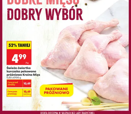 Świeża ćwiartka kurczaka pakowana próżniowo Kraina Mięs promocja w Biedronka