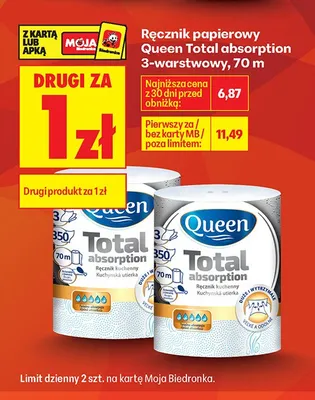 Ręcznik papierowy Queen Total absorption 3-warstwowy promocja w Biedronka
