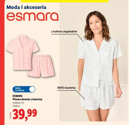 Piżama damska z bawełny Esmara z haftem angielskim promocja w Lidl