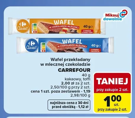 Wafel przekładany w mlecznej czekoladzie kakaowy Carrefour promocja w Carrefour Market
