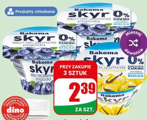 Jogurt skyr owocowy 0% cukru jagoda Bakoma promocja w Dino