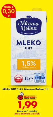 Mleko UHT 1,5% Mleczna Dolina promocja w Biedronka