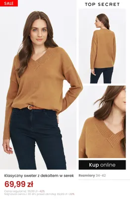 Klasyczny sweter z dekoltem w serek Top Secret promocja w Top Secret