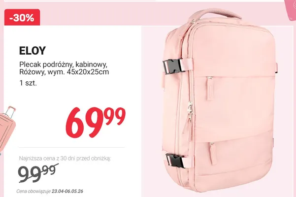 Plecak podróżny kabinowy Eloy różowy 45x20x25cm promocja w Rossmann