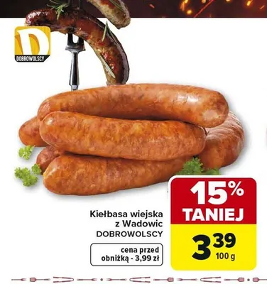 Kiełbasa wiejska z Wadowic DOBROWOLSCY promocja w Carrefour Market