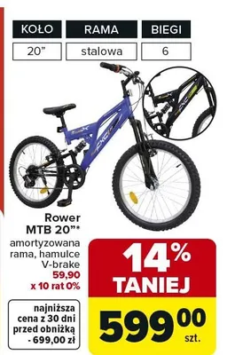 Rower MTB 20" amortyzowana rama, hamulce V-brake promocja w Carrefour