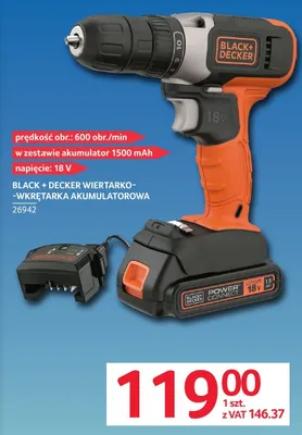 Wiertarko-wkrętarka akumulatorowa Black + Decker 18V 26942 promocja w Selgros
