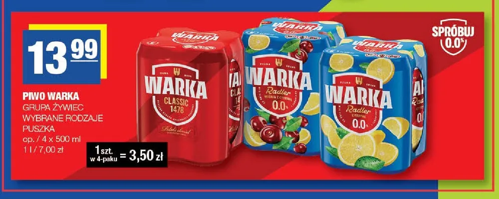 Piwo bezalkoholowe Warka Radler Wiśnia z Cytryną 4-pak 500 ml promocja w SPAR