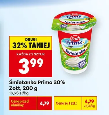 Śmietanka Primo 30% Zott promocja w Biedronka