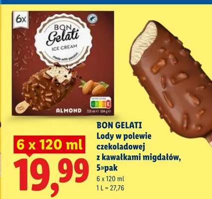 Lody Bon Gelati w polewie czekoladowej z kawałkami migdałów 5-pak promocja w Lidl