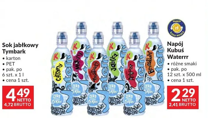 Napój Kubuś Waterrr różne smaki promocja w Makro