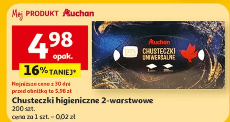 Chusteczki higieniczne 2-warstwowe promocja w Auchan