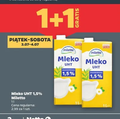 Mleko UHT 1,5% Miletto promocja w Netto