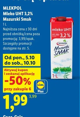 Mleko UHT Mazurski Smak Mlekpol 3,2% promocja w Lidl
