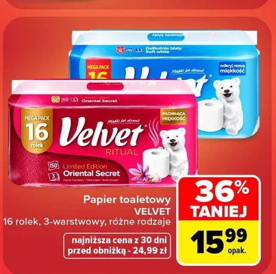 Papier toaletowy Velvet Delikatnie Biały 16 rolek 3-warstwowy promocja w Carrefour