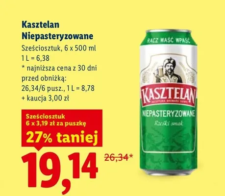 Piwo Kasztelan Niepasteryzowane 6-pak promocja w Lidl