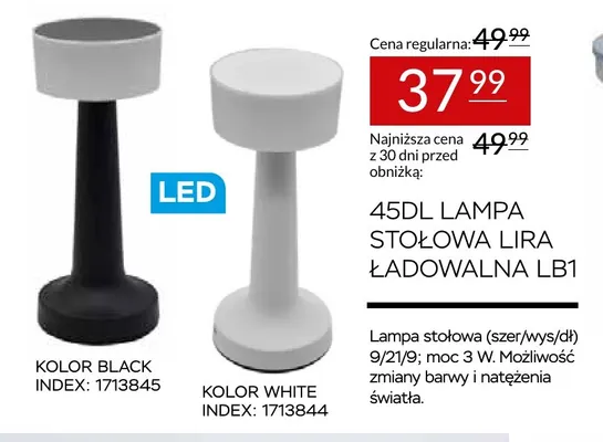 45DL Lampa stołowa Lira ładowalna LB1 promocja w Abra Meble