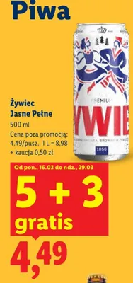 Piwo Żywiec Jasne Pełne 5+3 GRATIS promocja w Lidl
