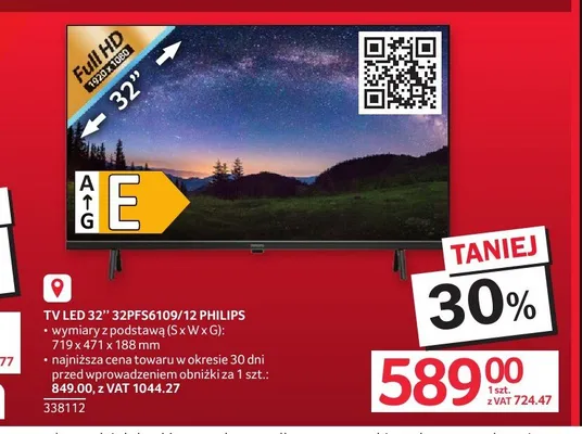 Telewizor LED 32" Philips 32PFS6109/12 promocja w Selgros