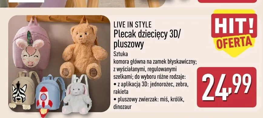 Plecak dziecięcy 3D Live In Style promocja w Aldi