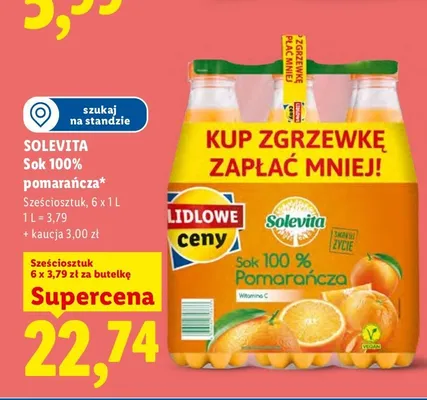 Sok pomarańczowy 100% Solevita 6-pak 1 l promocja w Lidl