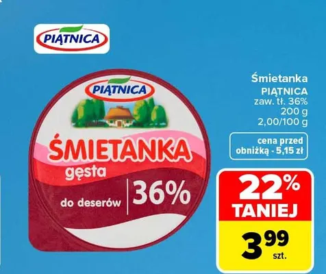 Śmietanka Piątnica 36% promocja w Carrefour