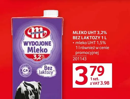 Mleko UHT bez laktozy Wydojone Mlekovita 3,2% promocja w Selgros