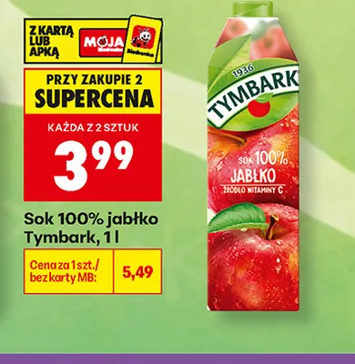 Sok jabłko Tymbark 100% promocja w Biedronka