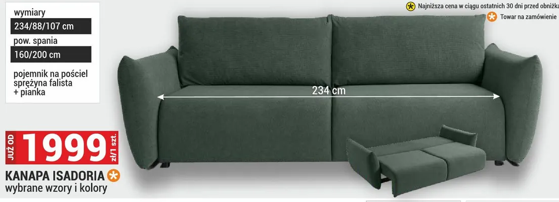 Kanapa Isadoria wybrane wzory i kolory 234/88/107cm pojemnik na pościel sprężyna falista + pianka promocja w Merkury Market