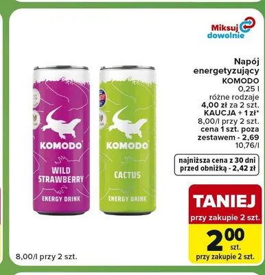 Napój energetyzujący Komodo Wild Strawberry promocja w Carrefour Express
