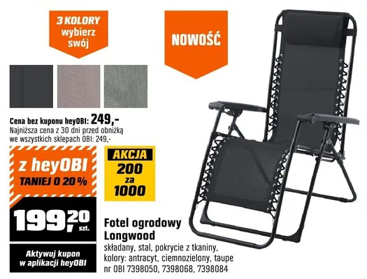 Fotel ogrodowy Longwood składany, stal, pokrycie z tkaniny, kolory: antracyt, ciemnozielony, taupe nr OBI 7398050,7398068,7398084 promocja w OBI