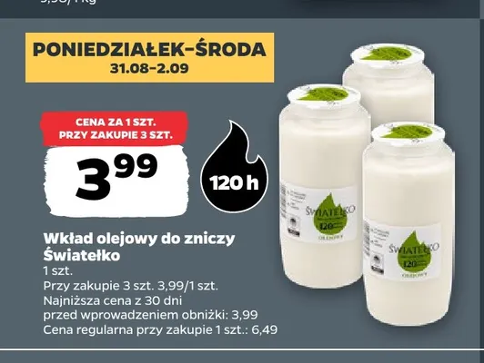 Wkład olejowy do zniczy Światełko 120h promocja w Netto
