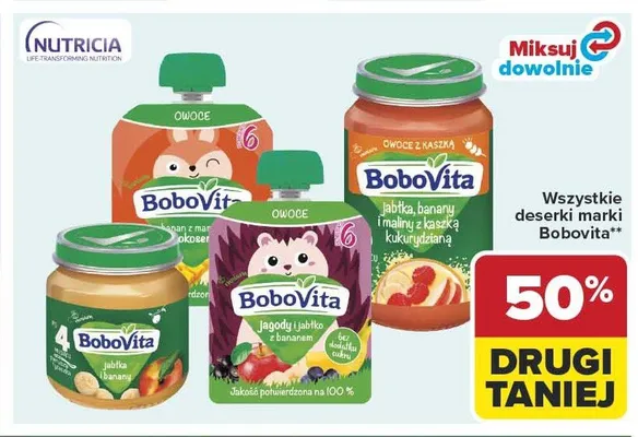 Deserek Owoce z kaszką jabłka, banany i maliny z kaszką kukurydzianą BoboVita promocja w Carrefour
