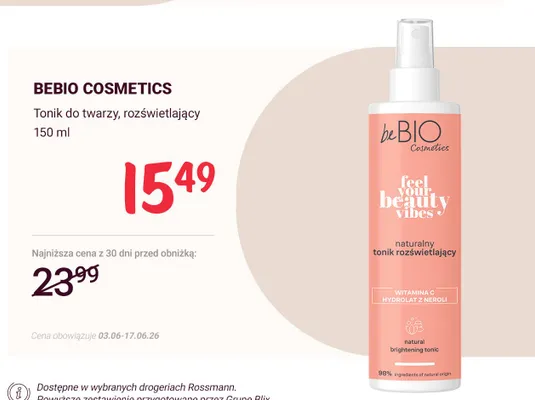 Tonik do twarzy rozświetlający Bebio Cosmetics promocja w Rossmann