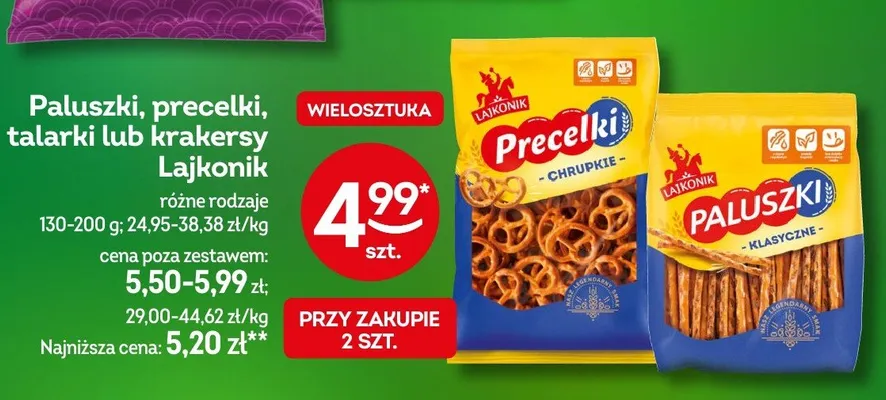 Paluszki, precelki, talarki lub krakersy Lajkonik różne rodzaje promocja w Żabka