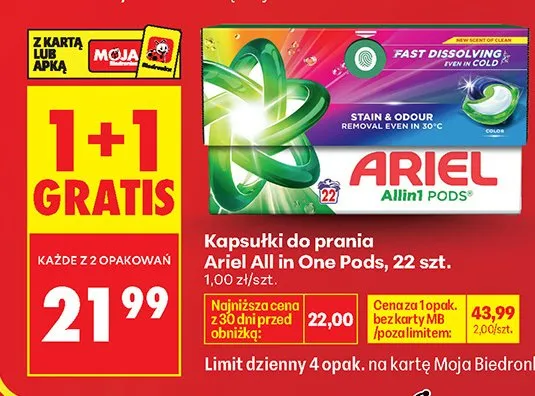 Kapsułki do prania Ariel All in One Pods Color promocja w Biedronka