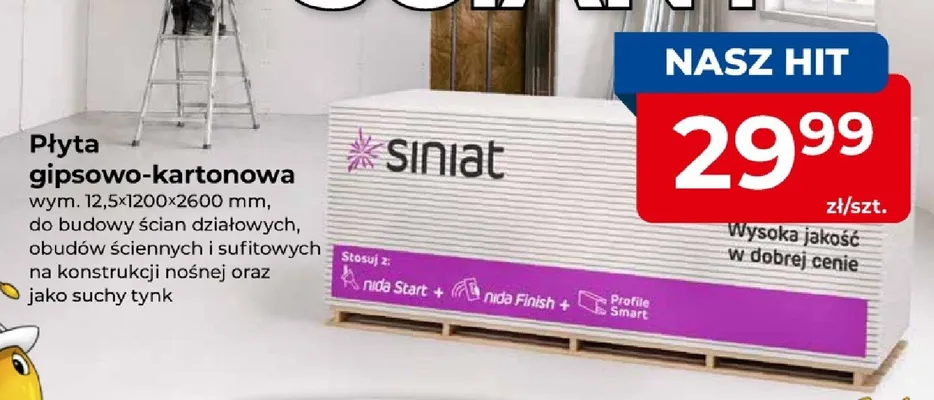 Płyta gipsowo-kartonowa Siniat 12,5x1200x2600 mm promocja w PSB Mrówka
