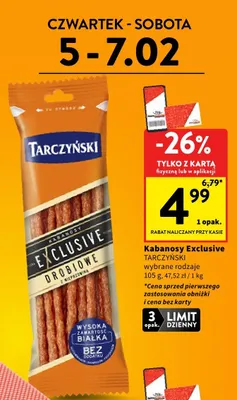 Kabanosy Exclusive TARCZYŃSKI wybrane rodzaje promocja w Intermarche