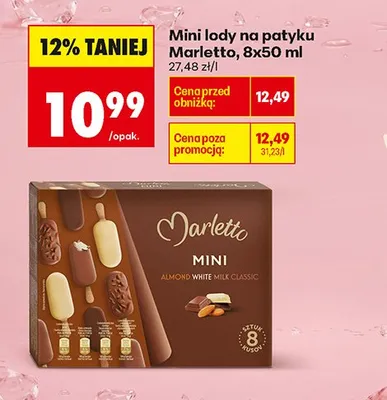 Mini lody na patyku Marletto Almond White Milk Classic 8-pak 50 ml promocja w Biedronka