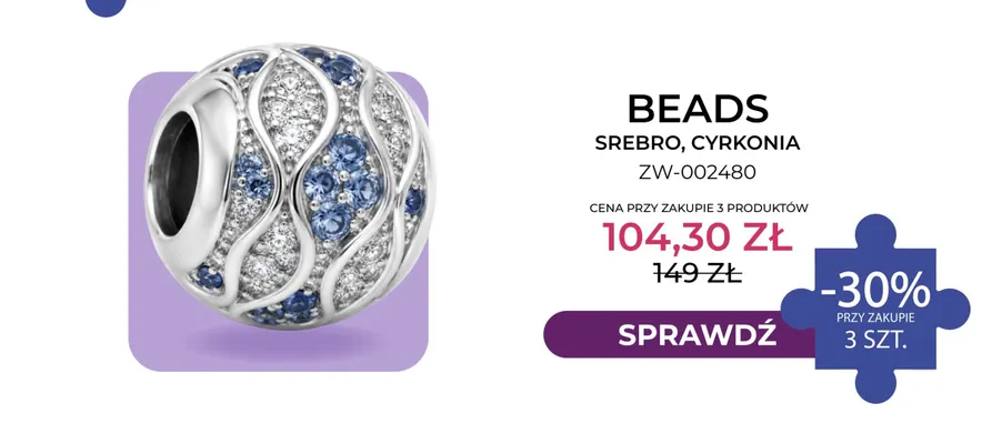 Beads srebro cyrkonia ZW-002480 Briju promocja w Briju