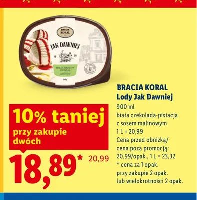 Lody Jak Dawniej biała czekolada-pistacja z sosem malinowym Bracia Koral promocja w Lidl