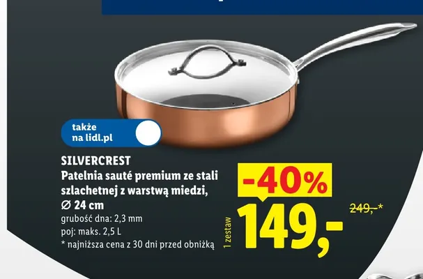 Patelnia sauté premium ze stali szlachetnej z warstwą miedzi Ø 24 cm Silvercrest promocja w Lidl