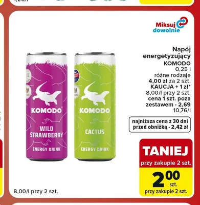 Napój energetyzujący Komodo Wild Strawberry promocja w Carrefour Market