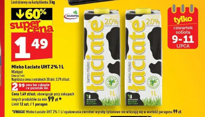 Mleko Łaciate UHT 2% promocja w TOPAZ