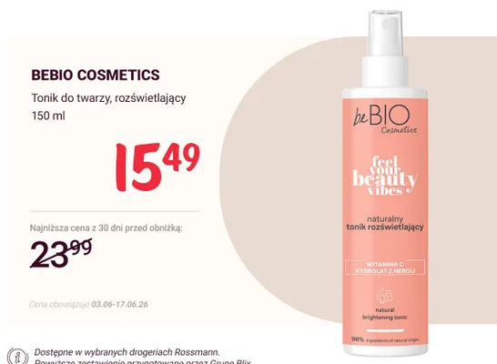 Tonik do twarzy rozświetlający Bebio Cosmetics promocja w Rossmann