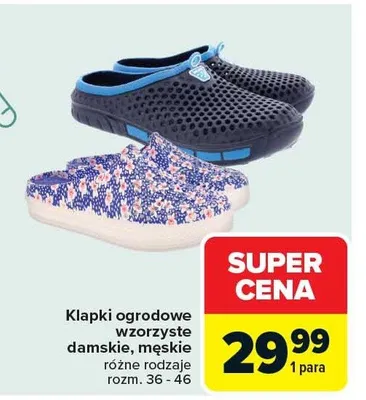 Klapki ogrodowe wzorzyste damskie męskie rozm. 36-46 promocja w Carrefour