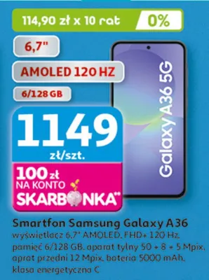 Smartfon Samsung Galaxy A36 wyświetlacz 6,7" AMOLED, FHD+ 120 Hz, pamięć 6/128 GB, aparat 50 Mpx + 8 + 5 + 5 Mpix, aparat przód 12 Mpix, bateria 5000 mAh, klasa energetyczna C promocja w Auchan