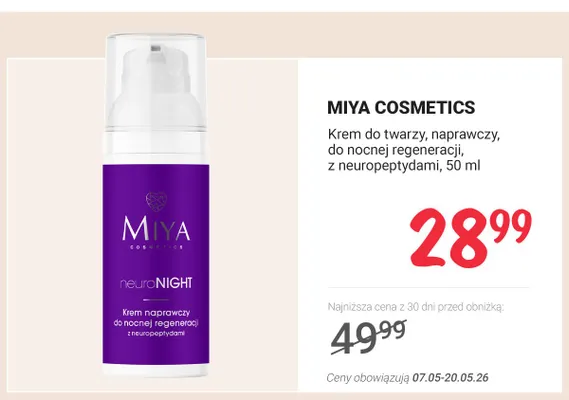 Krem do twarzy naprawczy do nocnej regeneracji z neuropeptydami MIYA COSMETICS promocja w Rossmann